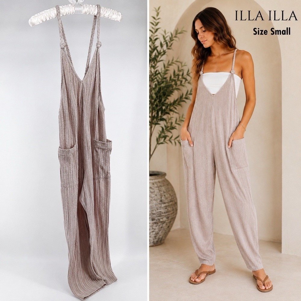 ILLA ILLA Size Small Textured Knit Jumpsuit Boho Sleeveless Pocket Romper Beige
